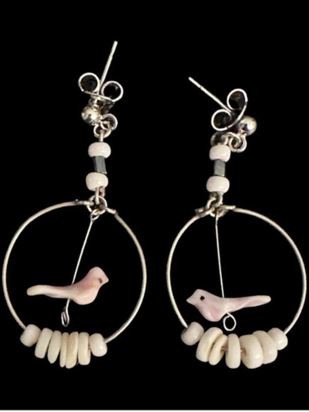Whimsical Bird Hoop Earrings Beaded Silver Tone Purple Pink